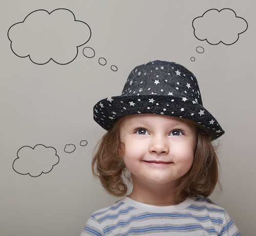 Thinking cute kid girl with many ideas in empty bubble on grey background looking up